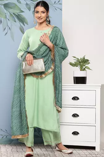 Women Green Kurta with Palazzos & With Dupatta