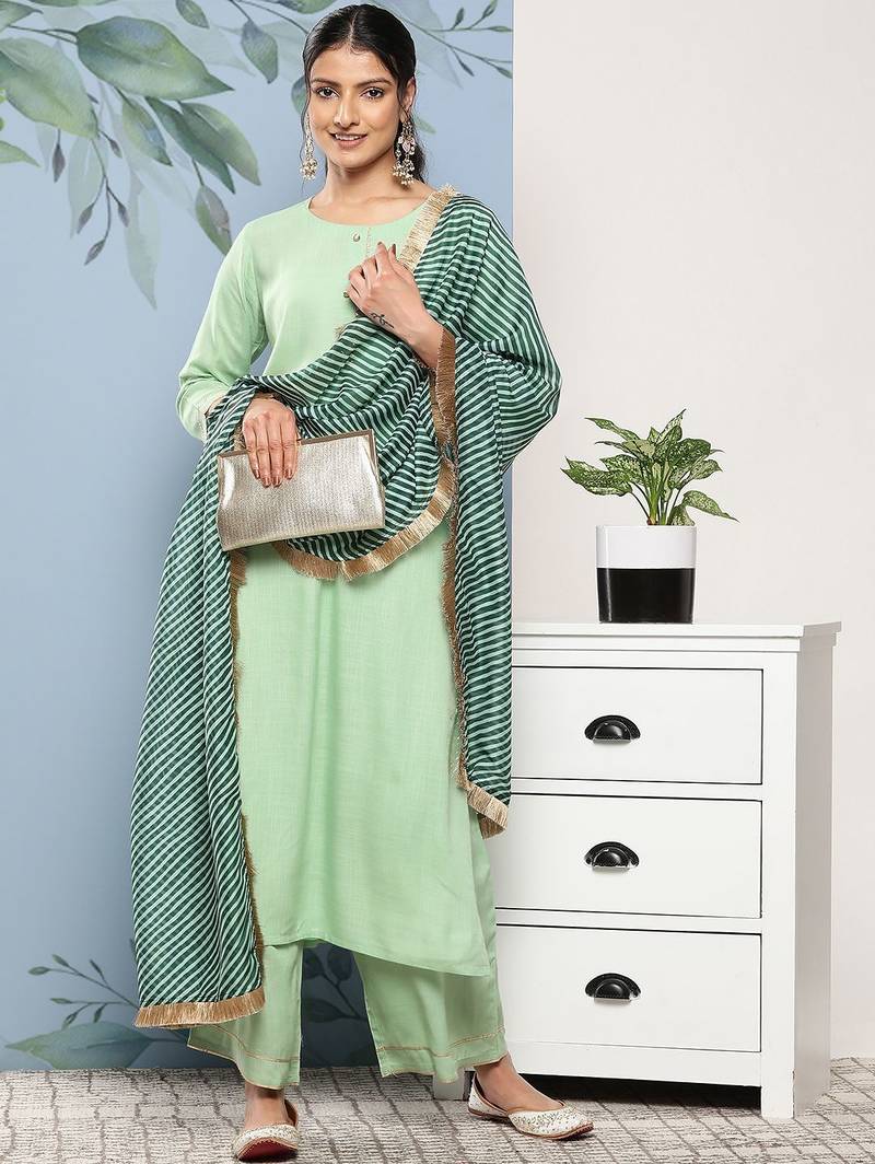 Women Green Kurta with Palazzos & With Dupatta