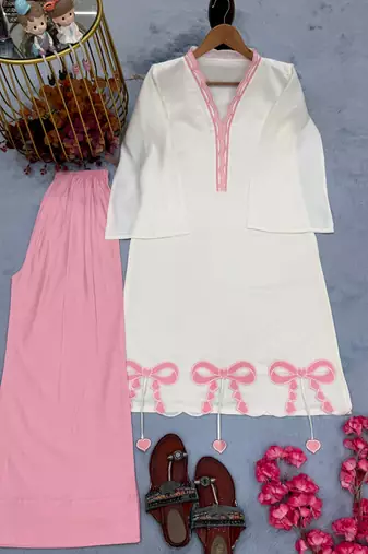 White&pink silk blend readymade suit with embroidery work