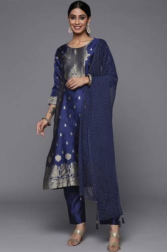 Women Blue Kurta with Trousers & With Dupatta
