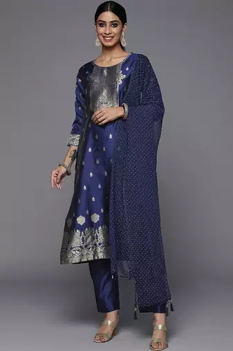 Women Blue Kurta with Trousers & With Dupatta