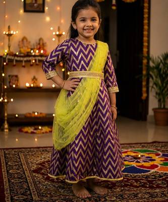 Girl's purple striped jacquard anarkali dress with dupatta and belt 1
