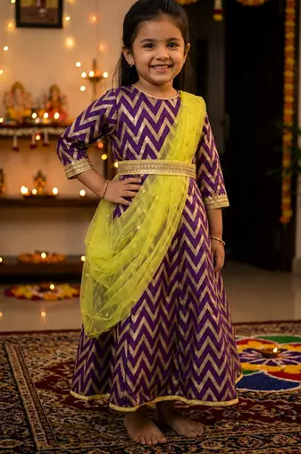 Girl's purple striped jacquard anarkali dress with dupatta and belt
