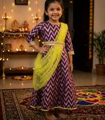 Girl's purple striped jacquard anarkali dress with dupatta and belt