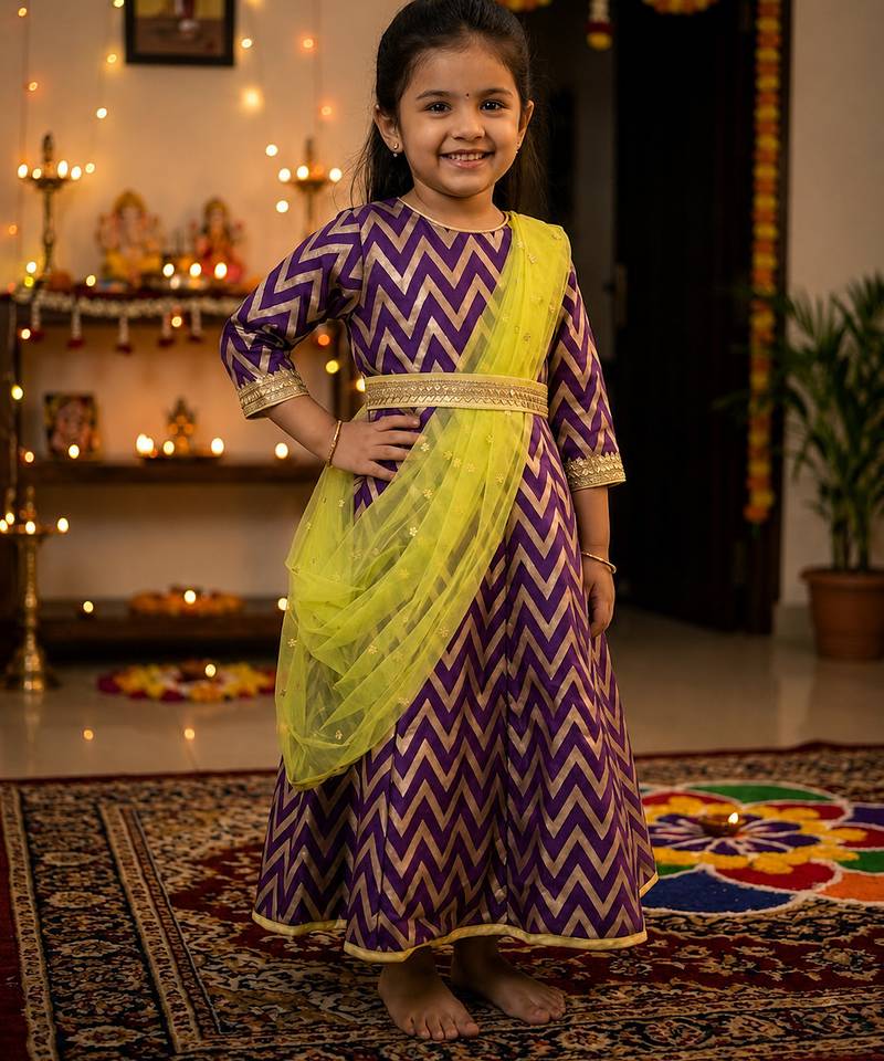 Girl's purple striped jacquard anarkali dress with dupatta and belt