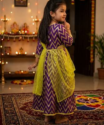 Girl's purple striped jacquard anarkali dress with dupatta and belt 2