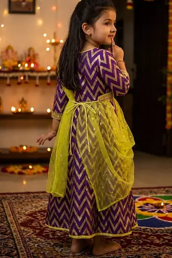 Girl's purple striped jacquard anarkali dress with dupatta and belt