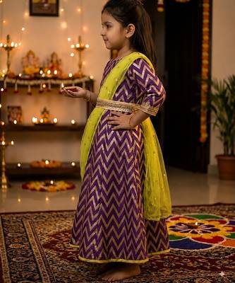 Girl's purple striped jacquard anarkali dress with dupatta and belt 3
