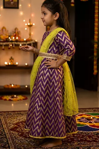 Girl's purple striped jacquard anarkali dress with dupatta and belt