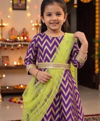 Girl's purple striped jacquard anarkali dress with dupatta and belt 4
