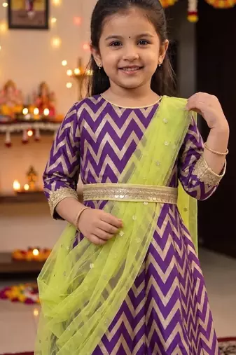 Girl's purple striped jacquard anarkali dress with dupatta and belt