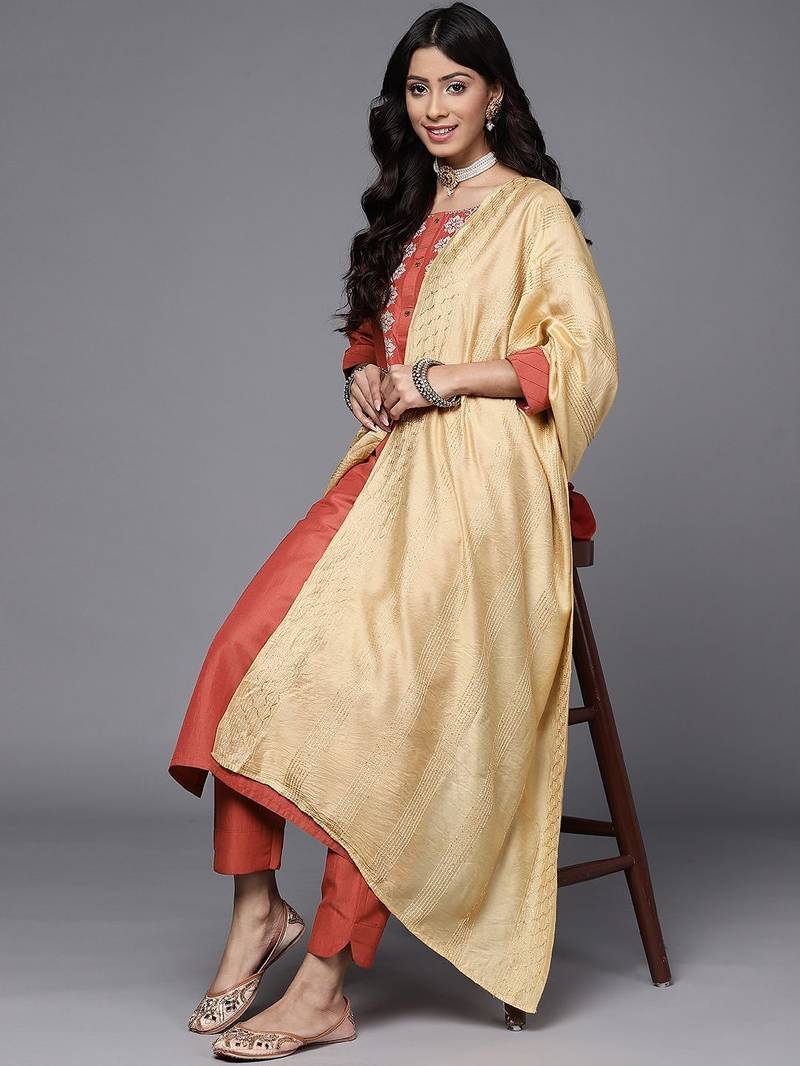 Women Rust Floral Embroidered Kurta with Trousers & With Dupatta