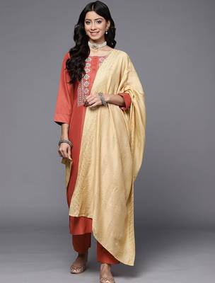 Women Rust Floral Embroidered Kurta with Trousers & With Dupatta 5