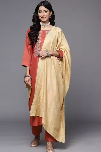 Women Rust Floral Embroidered Kurta with Trousers & With Dupatta