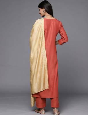 Women Rust Floral Embroidered Kurta with Trousers & With Dupatta 7