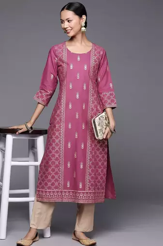 Women Purple Ethnic Motifs Printed Pure Cotton Kurta with Trousers