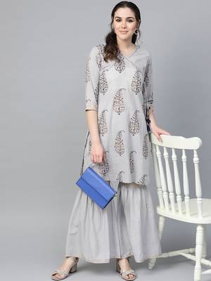Women Grey & Golden Angrakha Printed Kurti with Sharara 1