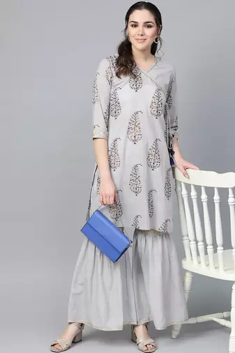 Women Grey & Golden Angrakha Printed Kurti with Sharara
