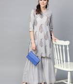 Women Grey & Golden Angrakha Printed Kurti with Sharara