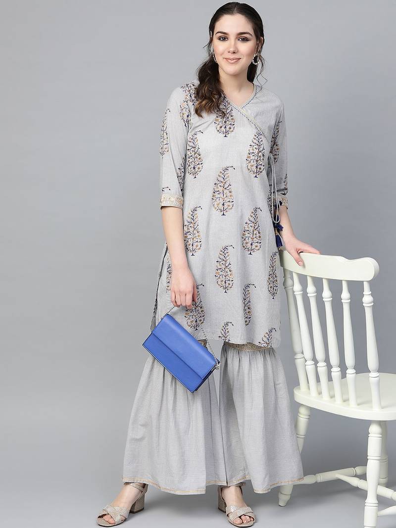 Women Grey & Golden Angrakha Printed Kurti with Sharara