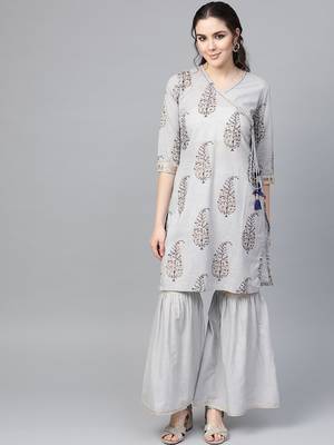 Women Grey & Golden Angrakha Printed Kurti with Sharara 4