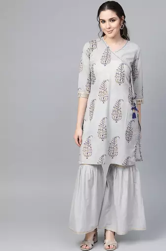 Women Grey & Golden Angrakha Printed Kurti with Sharara