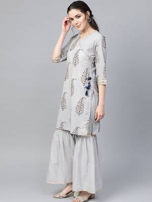 Women Grey & Golden Angrakha Printed Kurti with Sharara 5