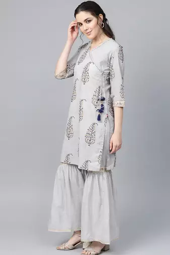 Women Grey & Golden Angrakha Printed Kurti with Sharara
