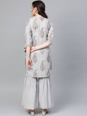 Women Grey & Golden Angrakha Printed Kurti with Sharara 6