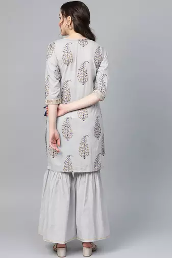 Women Grey & Golden Angrakha Printed Kurti with Sharara