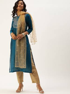 Women Teal Layered Kurta with Trousers & With Dupatta 1