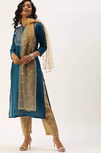 Women Teal Layered Kurta with Trousers & With Dupatta