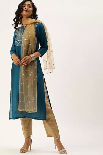 Women Teal Layered Kurta with Trousers & With Dupatta