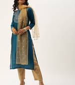 Women Teal Layered Kurta with Trousers & With Dupatta