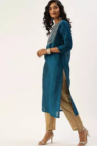 Women Teal Layered Kurta with Trousers & With Dupatta