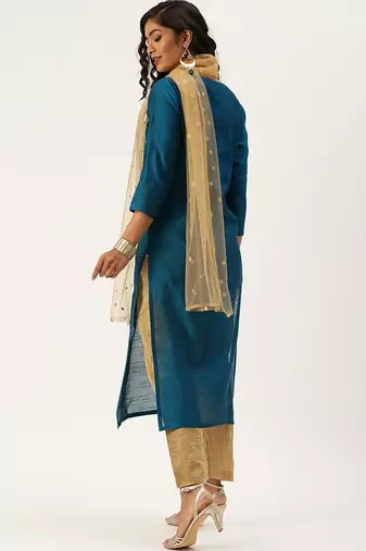 Women Teal Layered Kurta with Trousers & With Dupatta