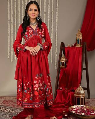 Floral Printed V-Neck Empire A-Line Kurta & Trousers With Dupatta 2