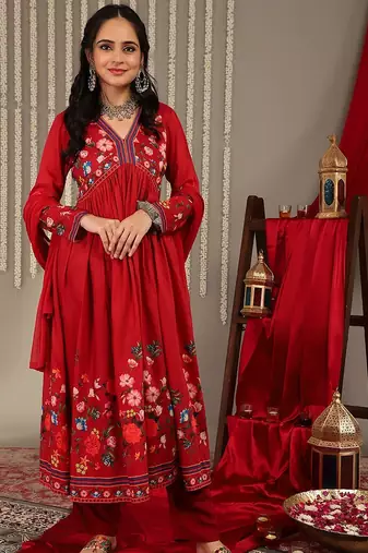 Floral Printed V-Neck Empire A-Line Kurta & Trousers With Dupatta