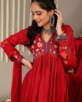 Floral Printed V-Neck Empire A-Line Kurta & Trousers With Dupatta 3