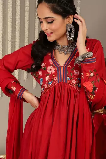 Floral Printed V-Neck Empire A-Line Kurta & Trousers With Dupatta