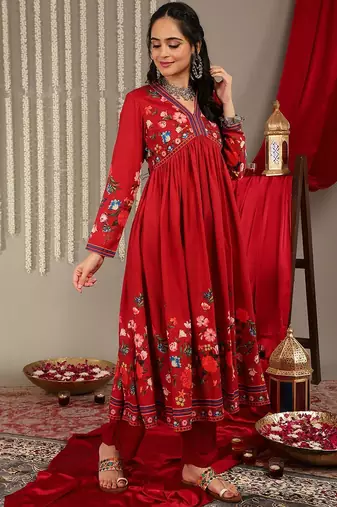 Floral Printed V-Neck Empire A-Line Kurta & Trousers With Dupatta