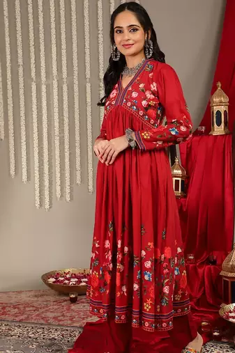 Floral Printed V-Neck Empire A-Line Kurta & Trousers With Dupatta