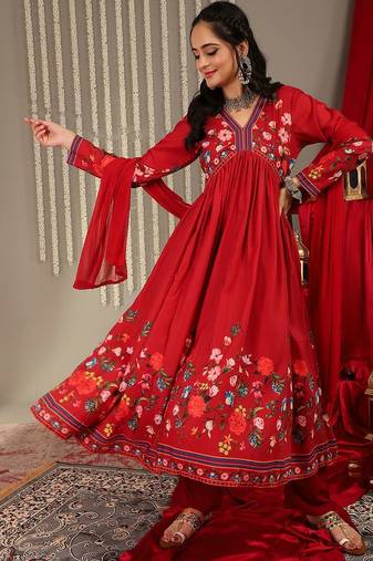 Floral Printed V-Neck Empire A-Line Kurta & Trousers With Dupatta