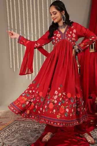 Floral Printed V-Neck Empire A-Line Kurta & Trousers With Dupatta