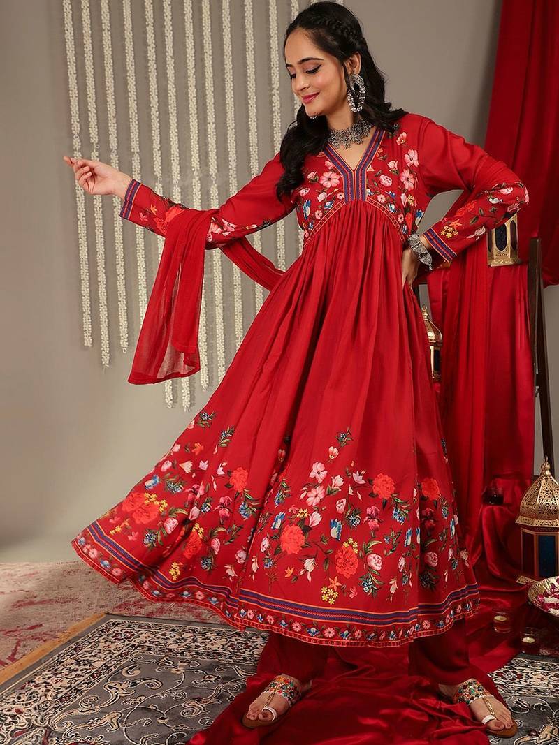 Floral Printed V-Neck Empire A-Line Kurta & Trousers With Dupatta