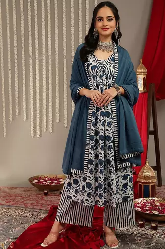 Floral Printed V-Neck Pure Cotton Empire A-Line Kurta & Palazzo With Dupatta