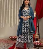 Floral Printed V-Neck Pure Cotton Empire A-Line Kurta & Palazzo With Dupatta