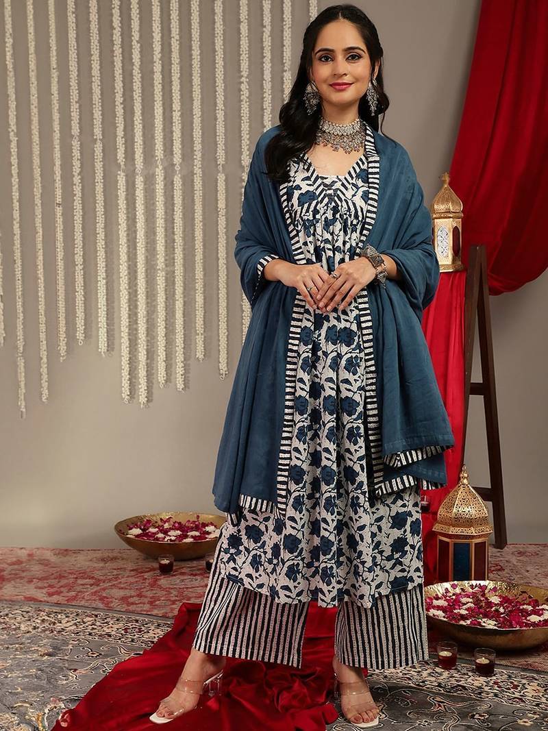 Floral Printed V-Neck Pure Cotton Empire A-Line Kurta & Palazzo With Dupatta