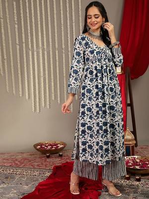 Floral Printed V-Neck Pure Cotton Empire A-Line Kurta & Palazzo With Dupatta 4