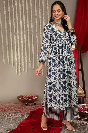 Floral Printed V-Neck Pure Cotton Empire A-Line Kurta & Palazzo With Dupatta
